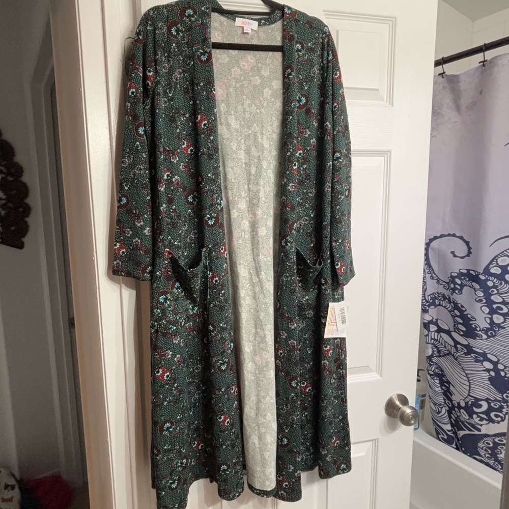 Lularoe Sarah Cardigan Long Duster Sweater Green Floral Print Size M, NWT